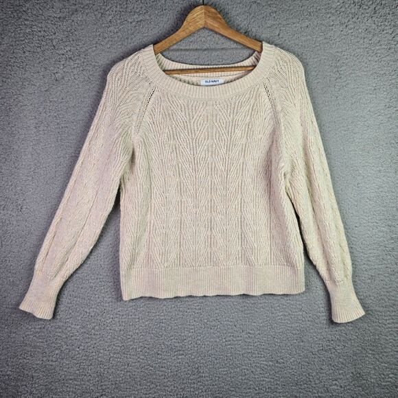 Old Navy Cable Knit Sweater Cream Medium Chunky Raglan Fall Classic Neutral - Picture 10 of 11